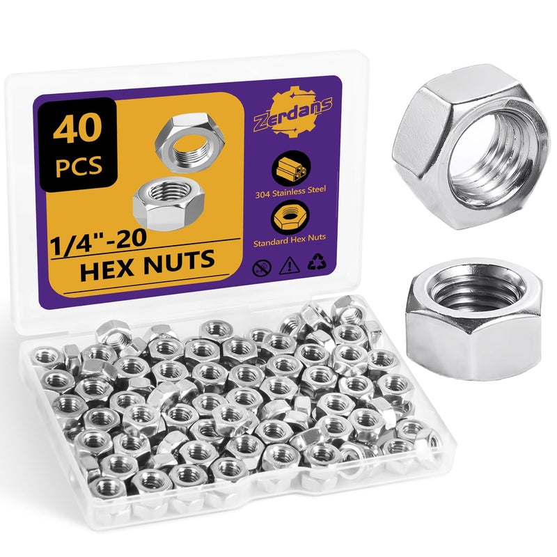 ZerDans 1/4"-20 Hex Nuts, 40Pcs 304 Stainless Steel Metal Standard Inch Hexagonal Nuts Hardware Set for Bolt for Furniture, Automotive, Industry and Construction, Full Thread - Image 1